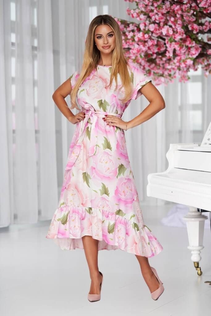 Rochie StarShinerS midi asimetrica in clos din stofa neelastica subtire cu volanase