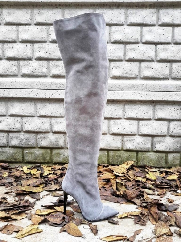 Cizme peste genunchi din piele intoarsa gri Carmen