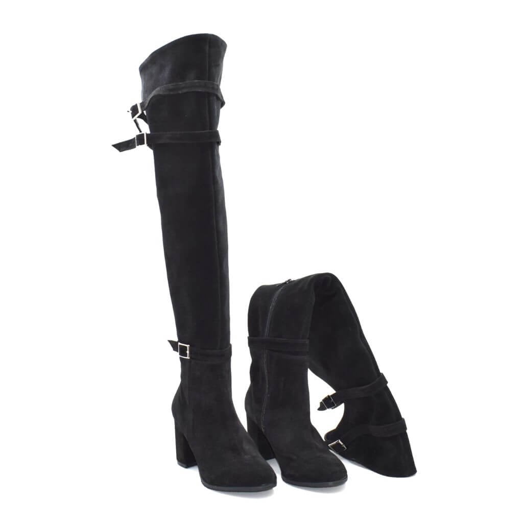 Cizme peste genunchi din piele naturala intoarsa neagra RZ 04