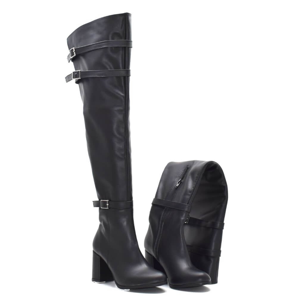 Cizme peste genunchi din piele naturala Neagra RZ 05